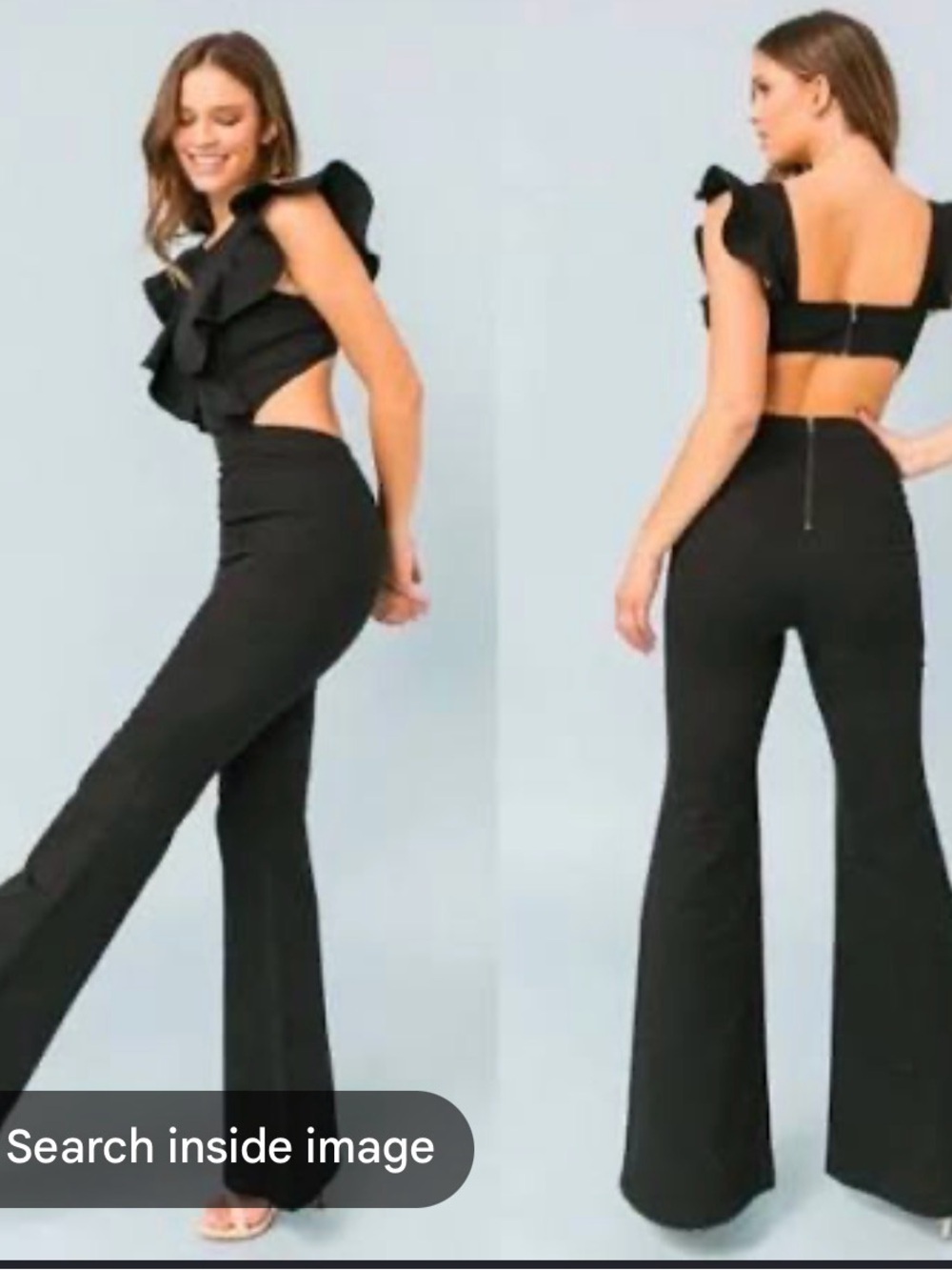 Flying Tomato Small  Stretch Denim Jumpsuit Top ‎ Black Flare Boho Cropped Back